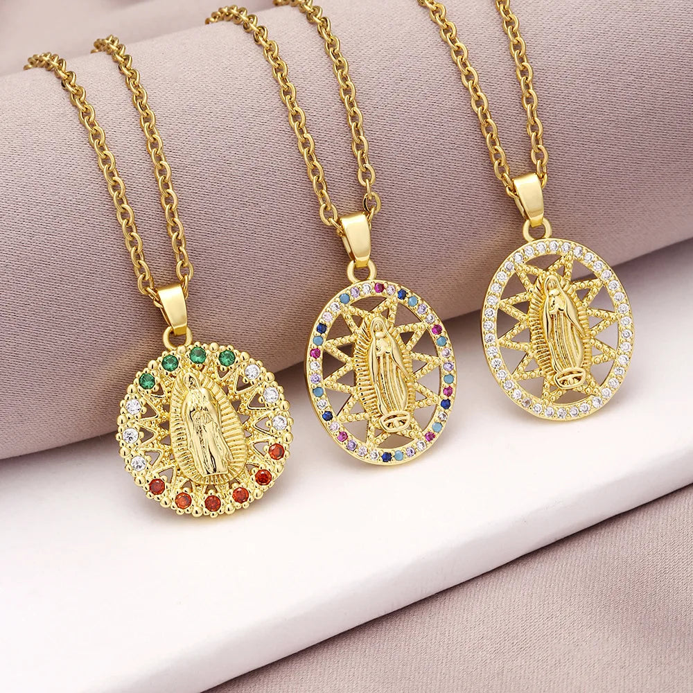 European American Jewelry Colorful Zircon Pendant Necklace Exquisite Diamond Necklace Gold Plated Virgin Mary Necklace