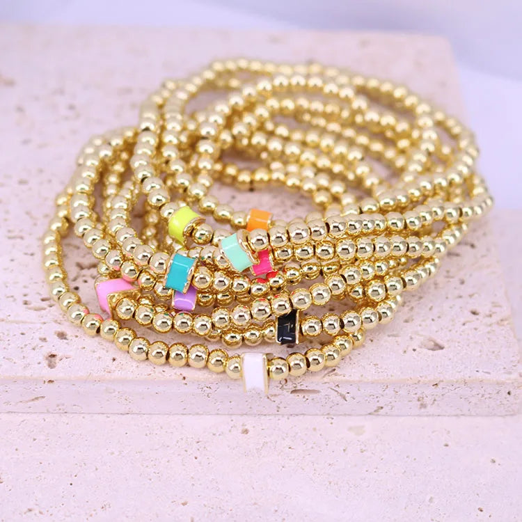 BM1083 Delicate Small 18K Gold Plated Beads with Enamel Multi Colored Geometr Triangle Bead Elastic Bracelets for Women 2021