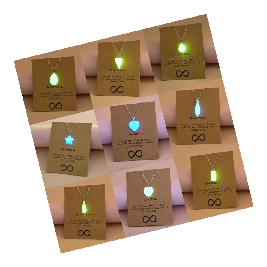 Glow in the Dark Charms Back to School Fashion Jewelry Brown Message Card Waterdrop Star Luminous Heart Pendant Necklace