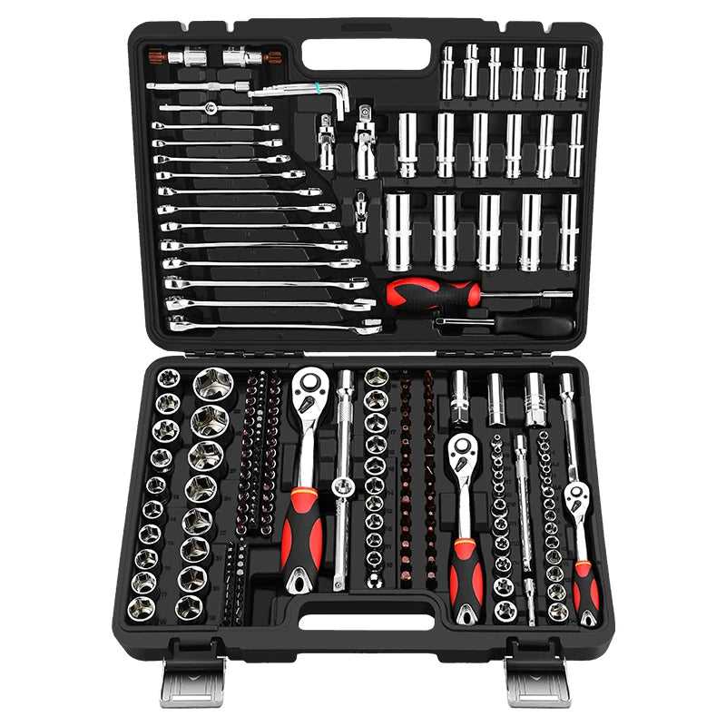 Professional Low Price Wholesale Black Plastic Box Metal Buckle 216pcs Box Case Combo Package Wrench Socket Tool Sets