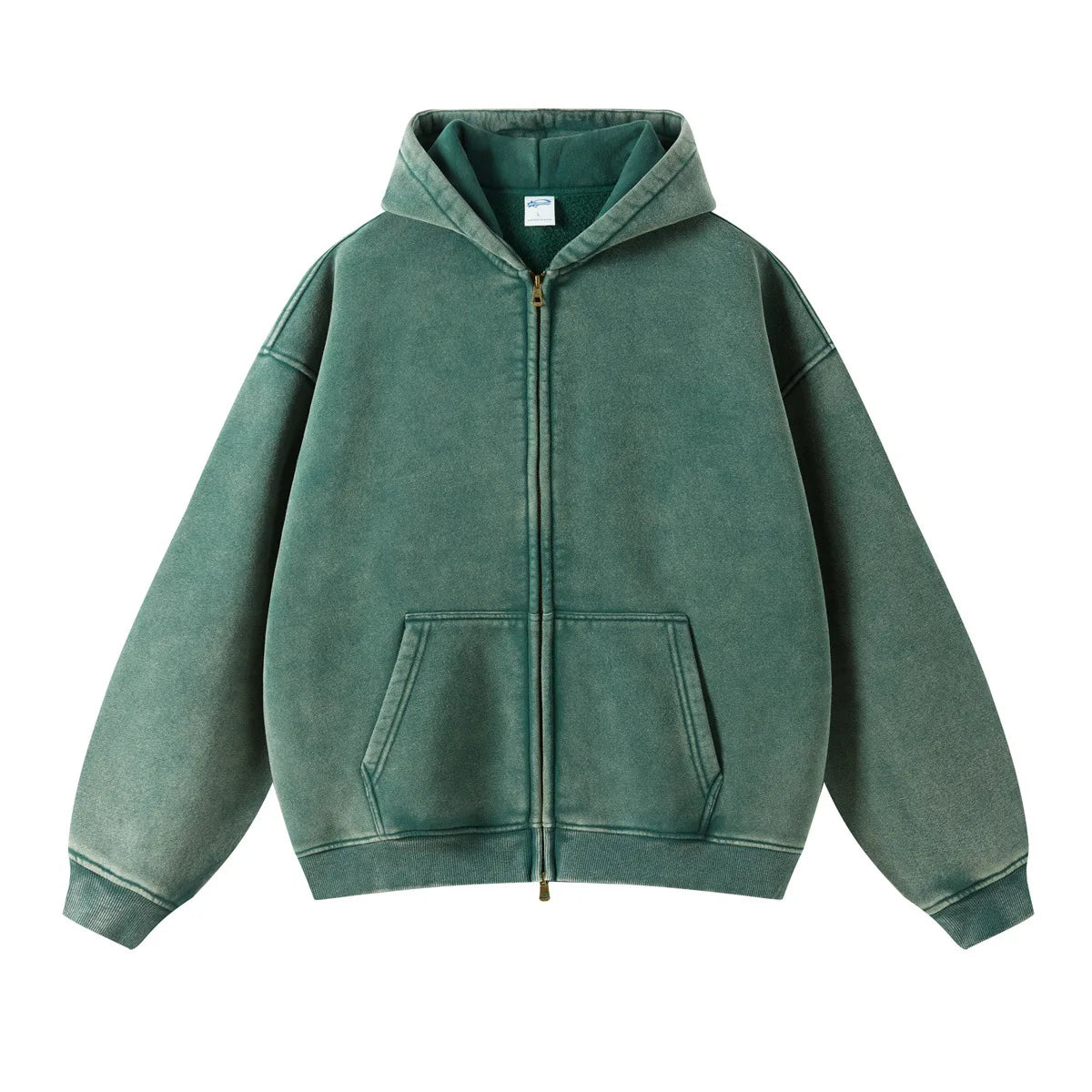 Vintage Acid Stone Wash Pull-Zip  Hooded Sweatshirt Zipper Distressed Heavyweight Oversize Top for Men Fall Winter