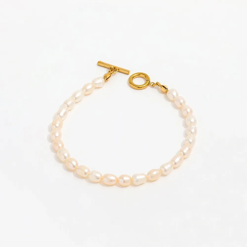 Joolim Jewelry Wholesale 18K Gold Plated High End Freshwater Pearl Toggle Bracelet Stainless Steel Jewelry