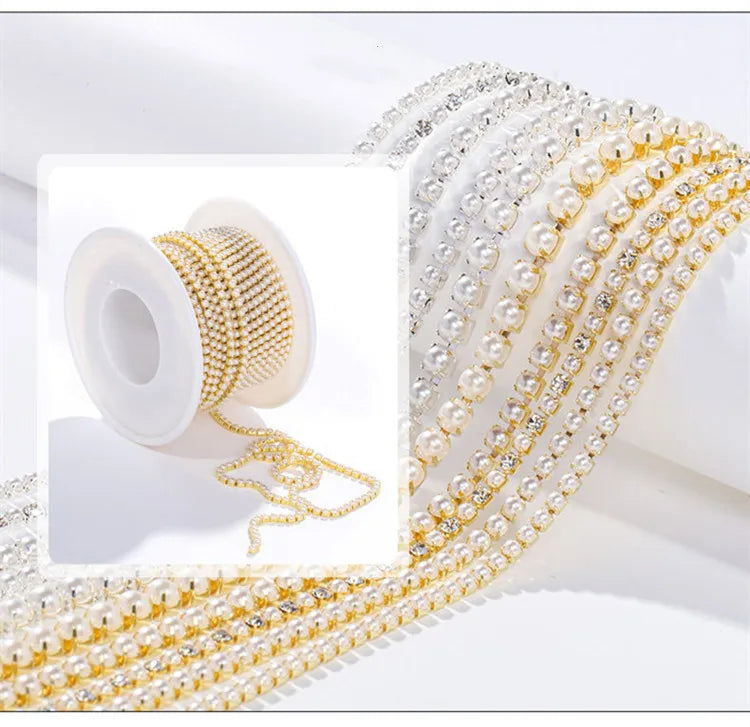 Hot Selling Silver and Gold Cup Chain Pearl Roll for Sewing Trims and Garment Accessories Zircon Pearl Chain Nail Jewelry