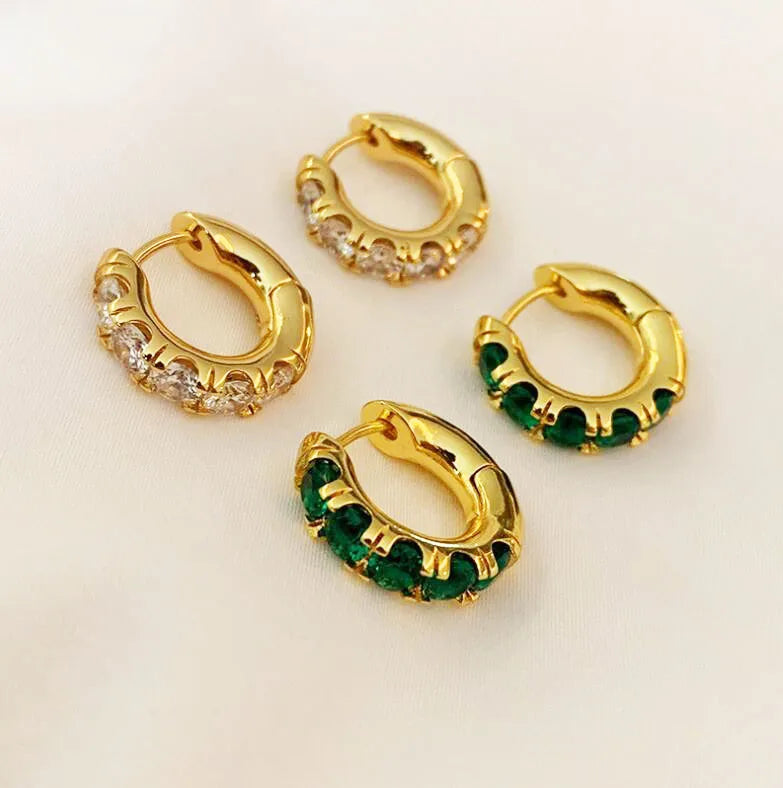 Women's Classic Gold Thick Emerald CZ Earrings Brass Fashion Micro Insert Crystal Pave Hoop Geometric Shape Chunky Women's