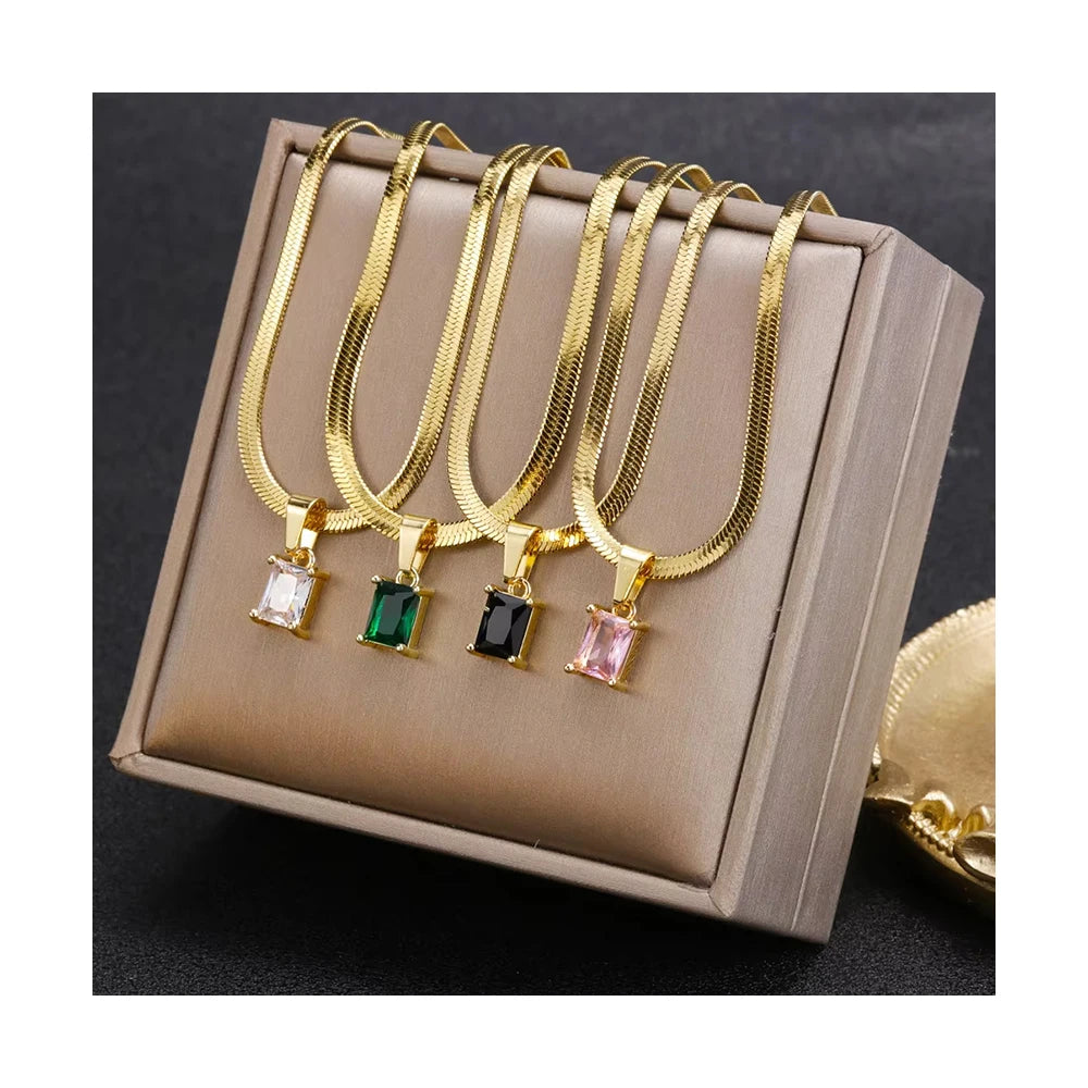 Fashion Zircon Pendant Necklace 18k Gold Plated Flat Snake Chain Stainless Steel Necklace for Women