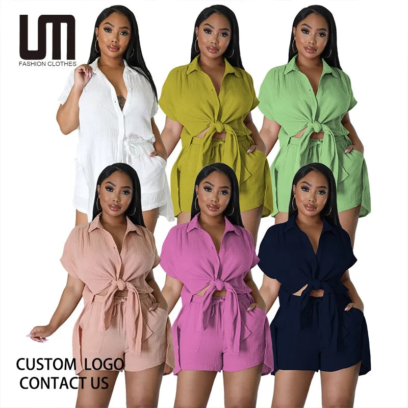 Liu Ming Women's Casual Summer Clothing Elegant Lace Solid Color Single Breasted Loose Short Sleeve Shirt Shorts Set Fashionable