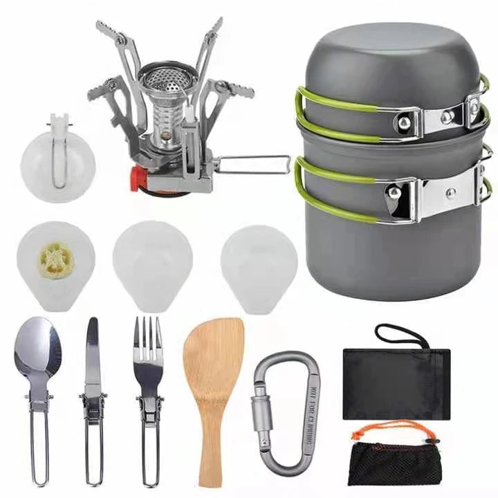 Hot Sale Outdoor Aluminum Alloy Single Person Pot Set Hiking Picnic Tourist Cookware Set With Folding Spoon Mini Gas Stove
