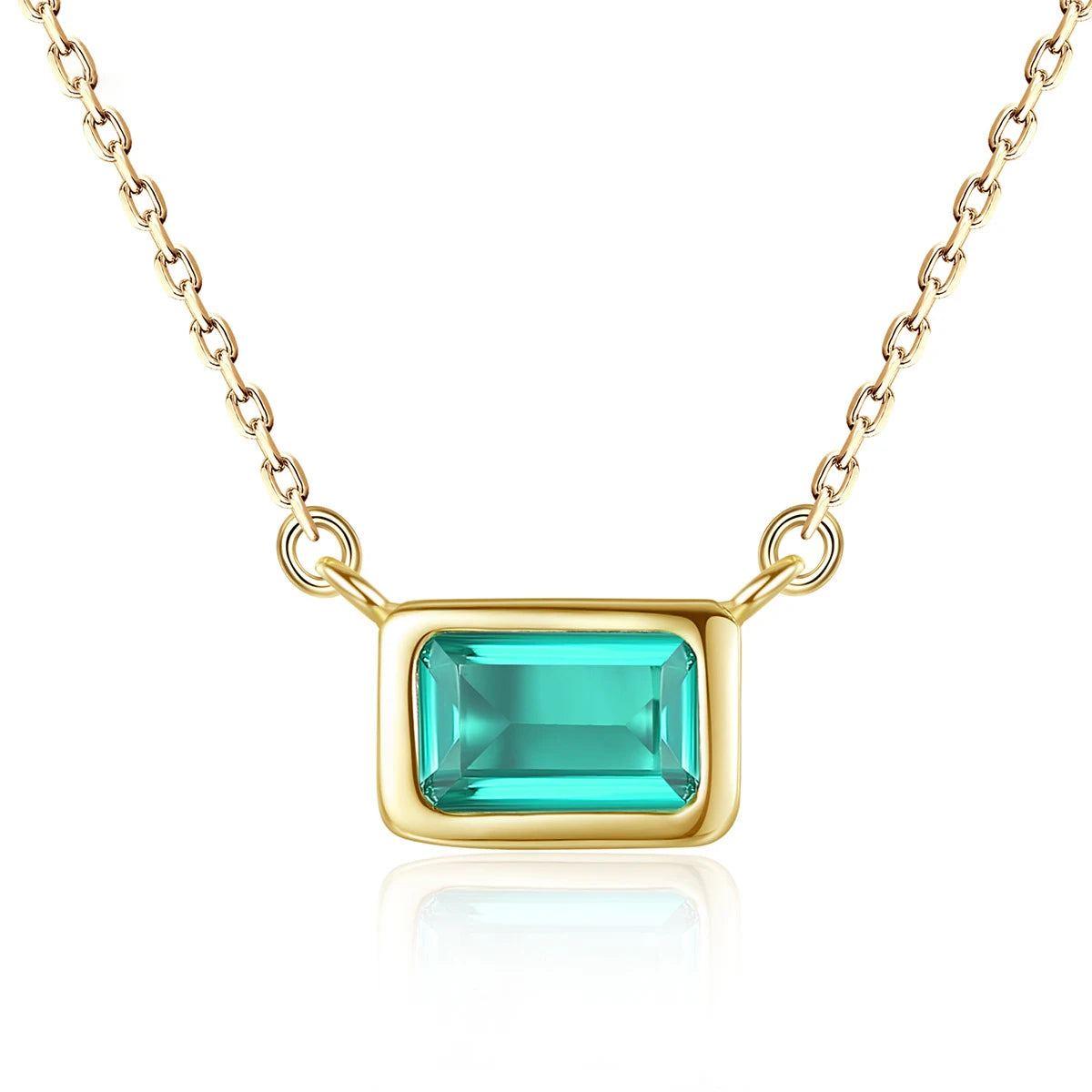 925 Sterling Silver Dainty 18k Gold Plated Emerald Green Cubic Zirconia Rectangular Solitaire Necklace