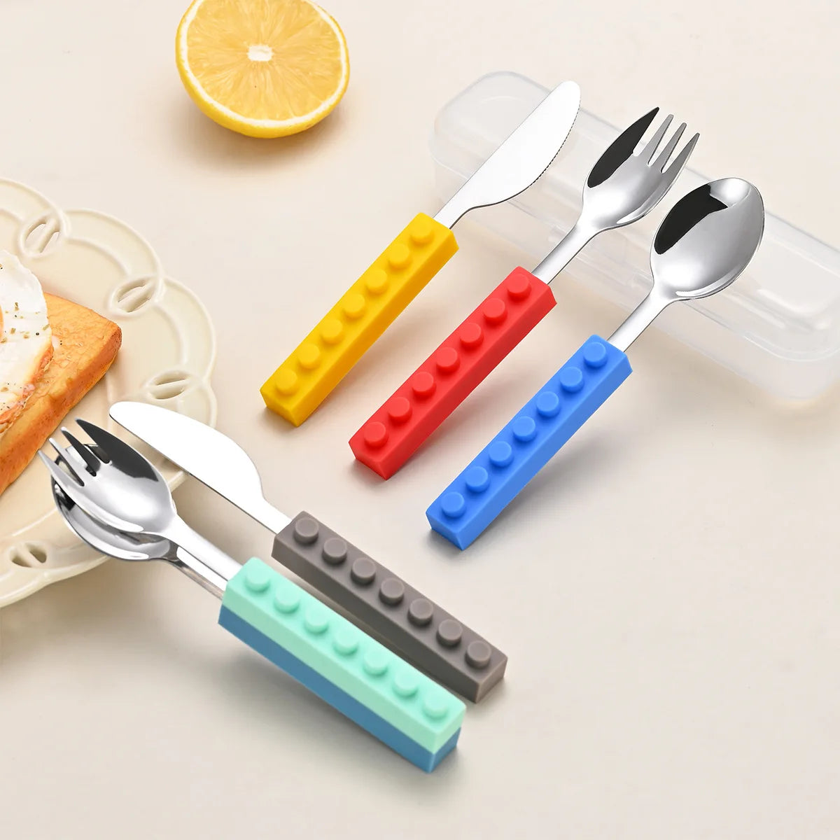 Stainless Steel Building Block Kids Cutlery Set Toddler Spoon and Fork with Protective Case for Kids Dining