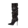 Women's Knee High Slouch Boots PU Leather Pointed Toe Stretch Shaft Stacked Wrinkle Effect Pull on Fashion Boots