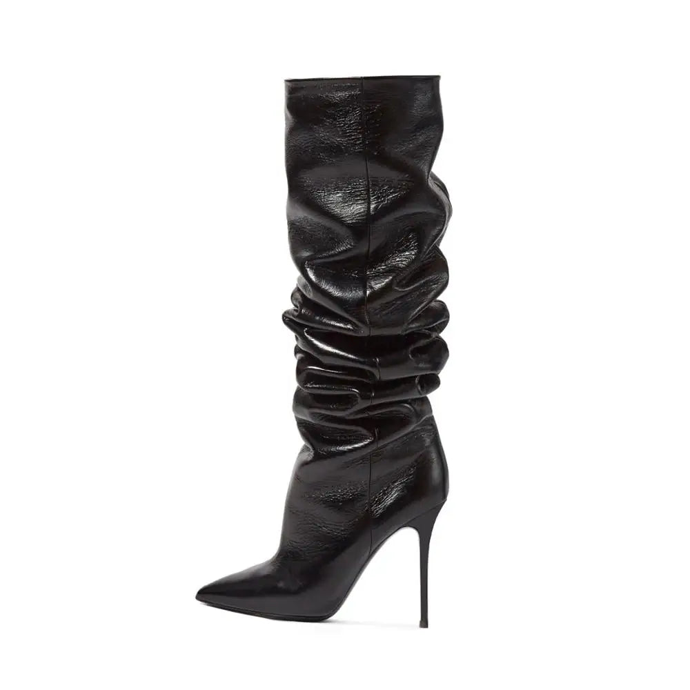 Women's Knee High Slouch Boots PU Leather Pointed Toe Stretch Shaft Stacked Wrinkle Effect Pull on Fashion Boots