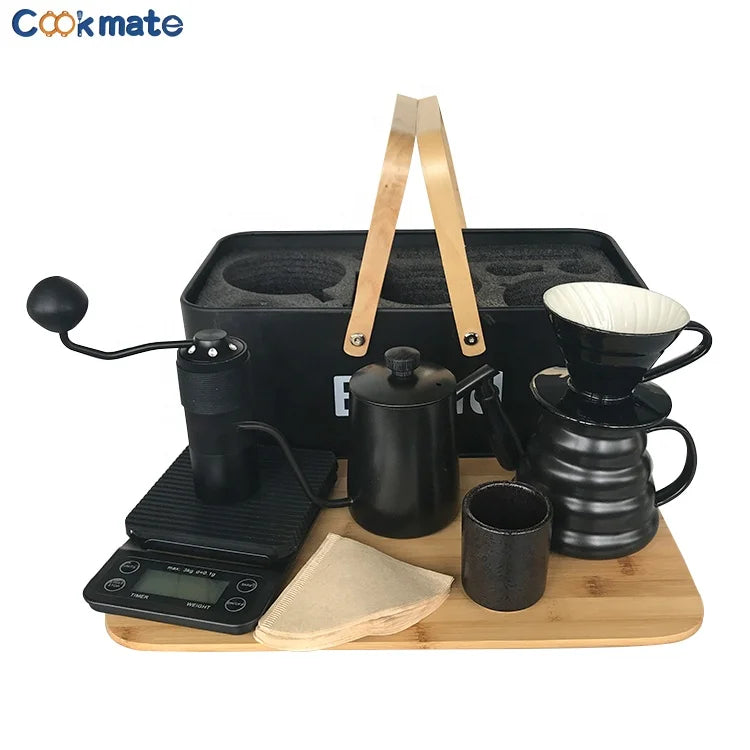 Durable Black Metal Box Wooden Handle 850 ML Kettle with Thermometer V60 Ceramics Manual Coffee Tool