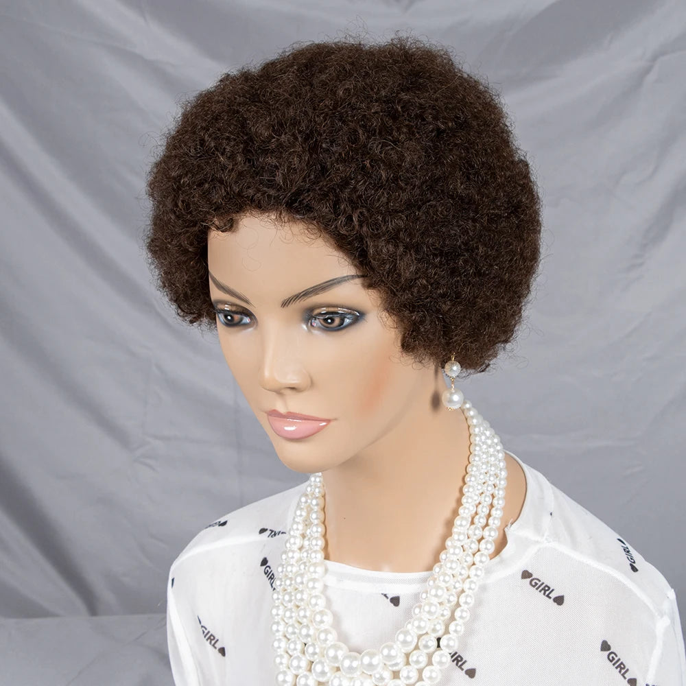 Wholesale Perruque Short Pixie Cut Wig for Black Women Afro Curly No Lace Wigs Color #4 Brown Cheap Human Hair Wig Machine Made