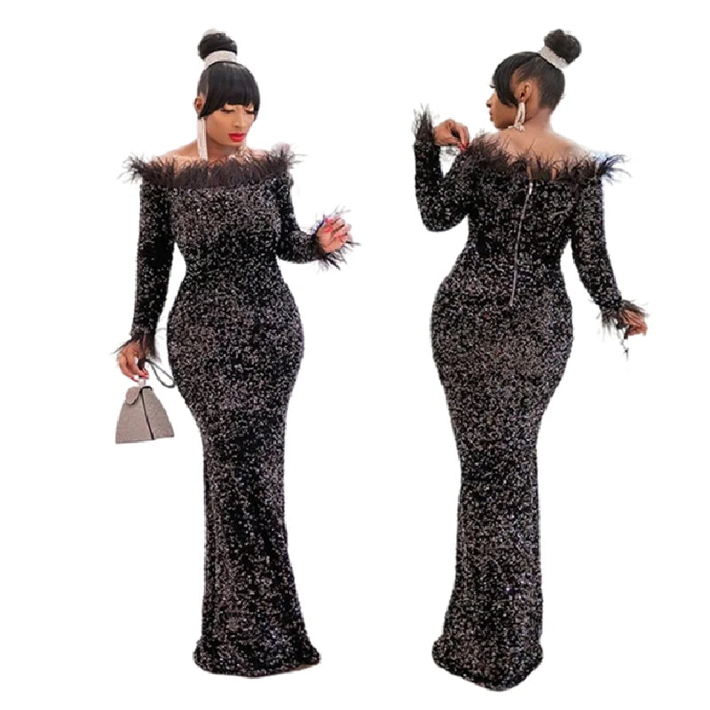 Y91115 Luxury Evening Dresses Elegant Women Long Sleeve Boat Neck Sequin Dress Long Gowns for Women Evening Dresses