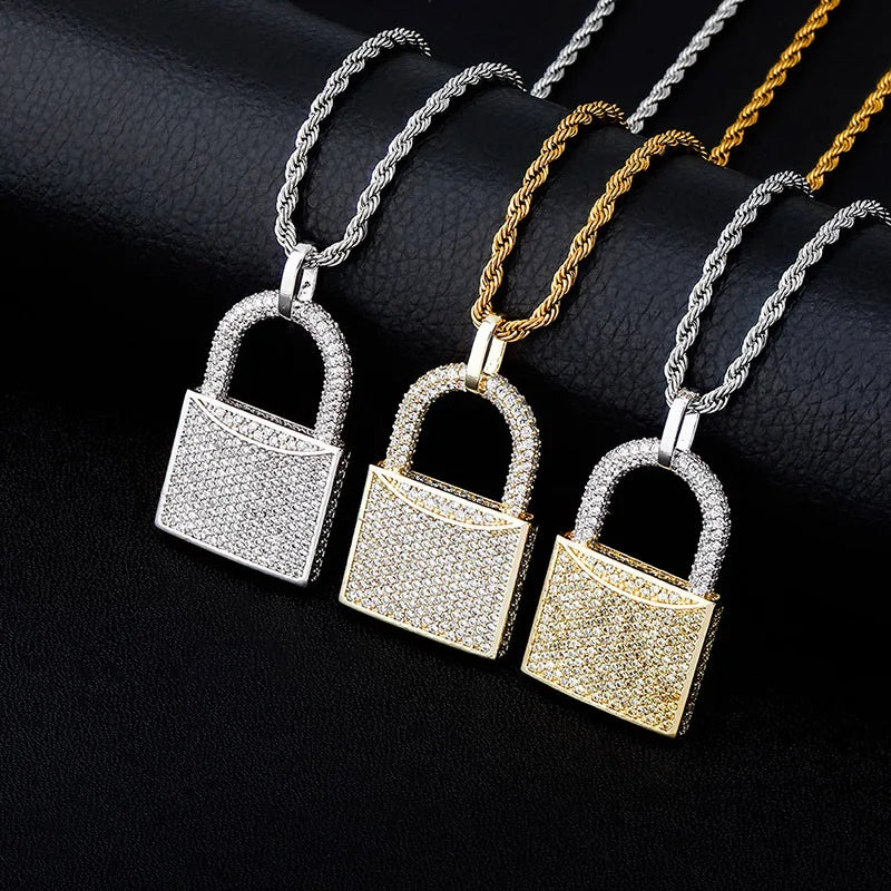 Exquisite Brass Real Gold Plated CZ Tone Padlock Pendant with Sparkling Cubic Zirconia Lock Charm Necklace Jewelry for Women Men