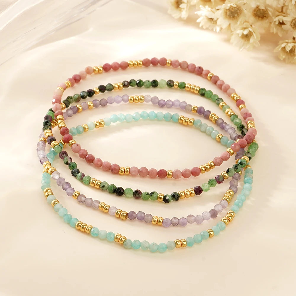 Go2boho Minimalist Stretch Bangle Semi-Precious Stone Golden Dainty Miyuki Bead and Colorful Gemstone Beaded Bracelets for Women