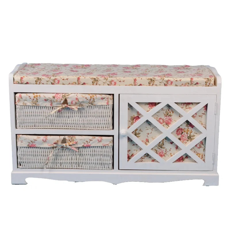 Vintage Home Furniture Chinese Bench Wooden Shoe Cabinet With Wicker Drawers