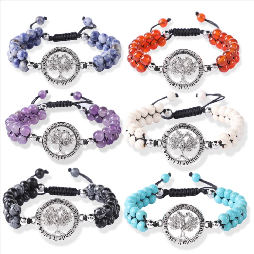 Fashion Red Agate Tree of Life Bracelet Charm Weave Double Layer Crystal Beaded Bracelets Jewelry for Women