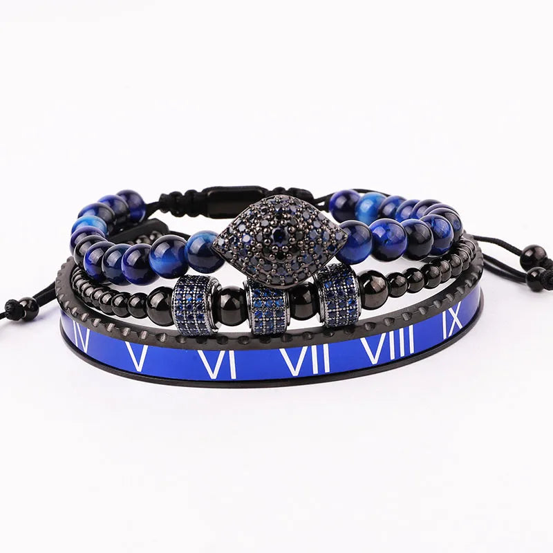 New Design Natural Stone Tiger Eye Stainless Steel Bangle Blue CZ Eye Charm Luxury Custom Macrame Bracelet Set Men