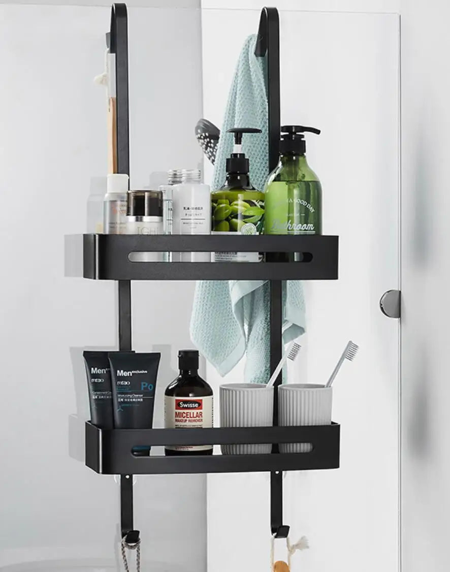 2-Tier Modern Aluminum Black Matte Wall-Mounted Durable Bathroom Shower Storage Hanging Caddy