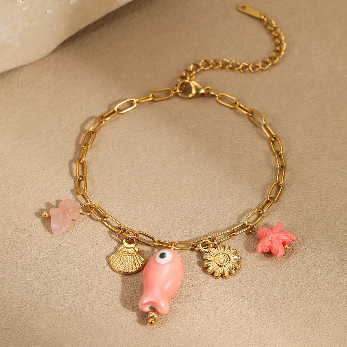 New Trendy  Ocean-inspired Designs Fish Starfish Shell Charm Bracelet Stainless Steel Gemstone Jewelry for Holiday