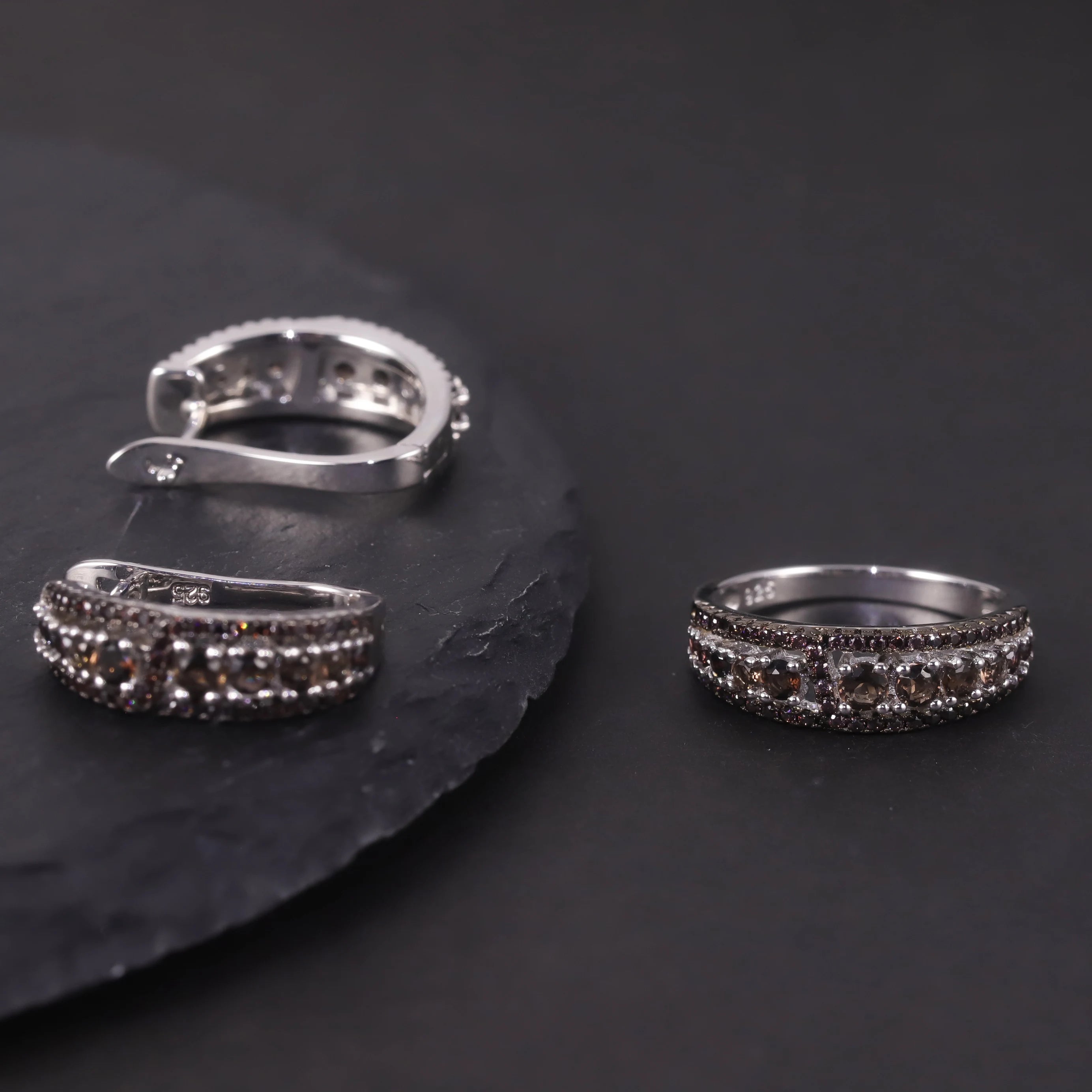 W0391 Wholesale Custom Mother's Jewelry Rhodium Plated S925 Silver Smoky Quartz Custom Statement Designs Dark Color Jewelry Set