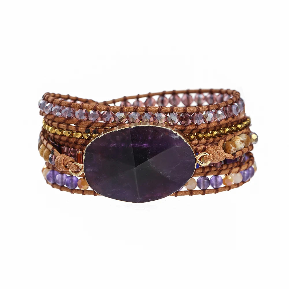 Handmade Boho Geometric Amethyst Wrap Bracelet for Women Natural Stone Faceted Crystal Hematite Beaded Jewelry