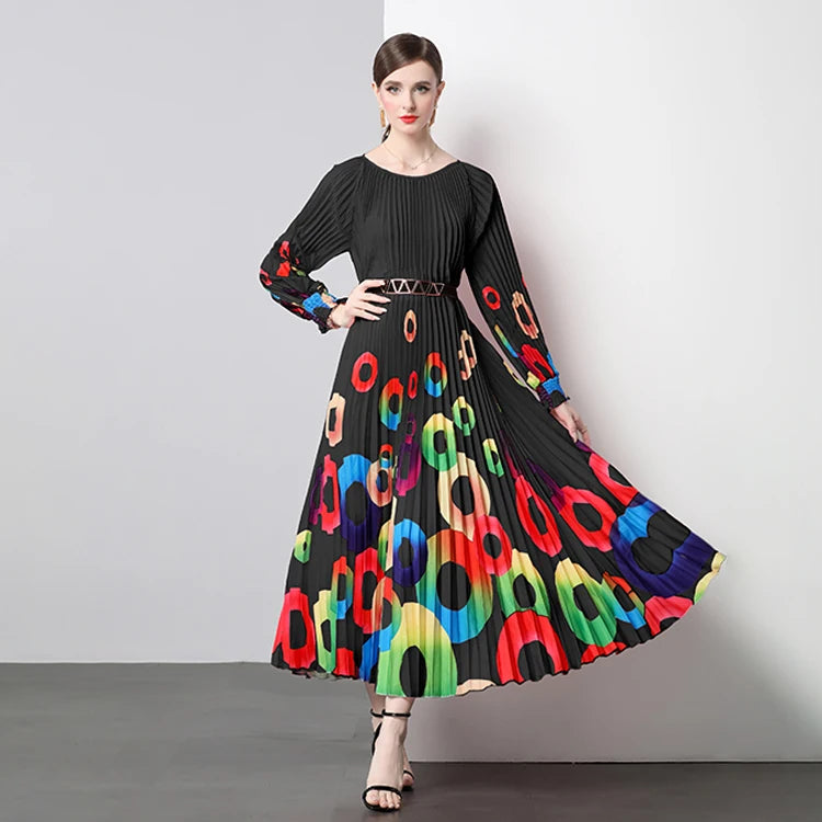 Boutique Wholesale ODM Autumn New Fashionable Bohemian Floral Print Chiffon Knee-Length Crew Neck Natural Ruffles Hundred Pleats