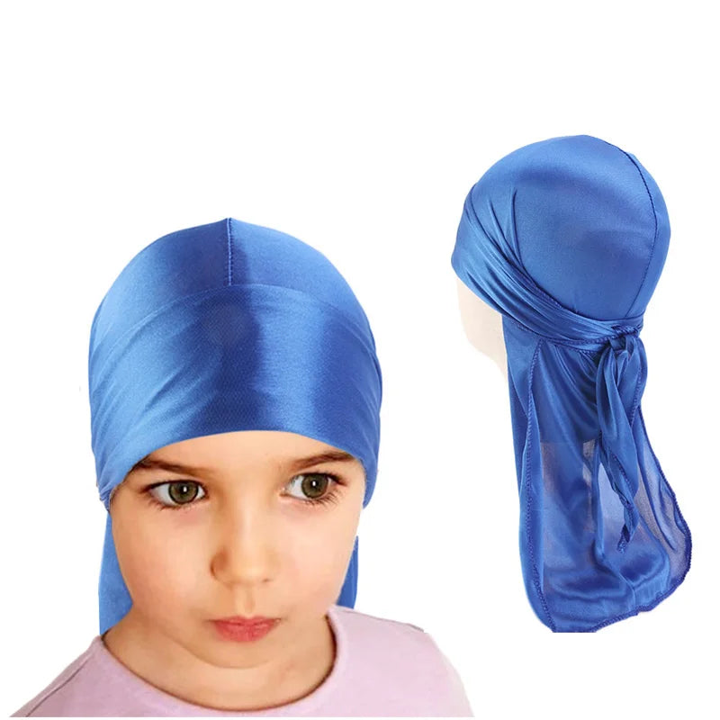 Kids Silky Durag Boy's Long-tailed Pirate Cap Hip-Hop Cap Bandana Turban Headwear Children Hair Accessories New Fashion