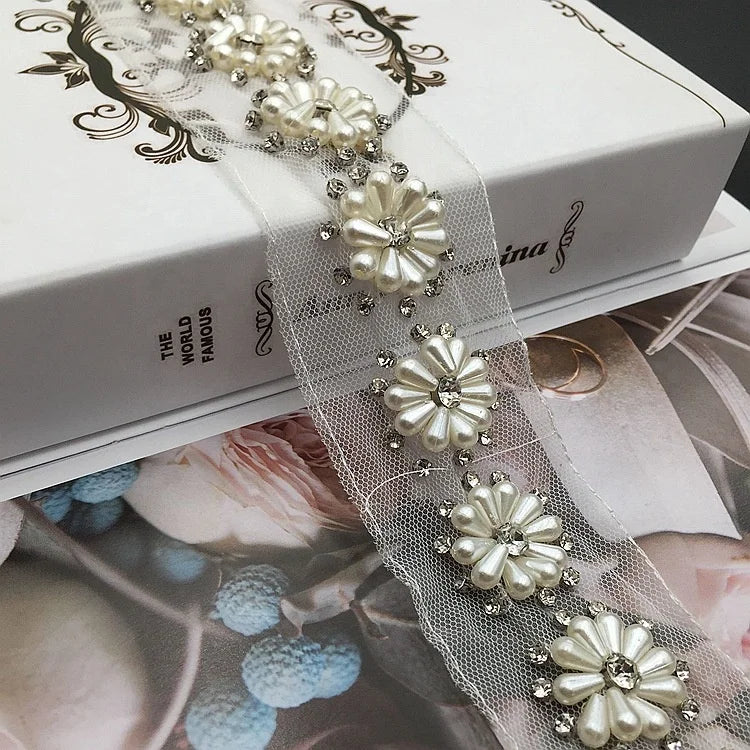Mini Rhinestone Beading Embroidered Mesh Lace Trim Ivory for Garment LT2472B