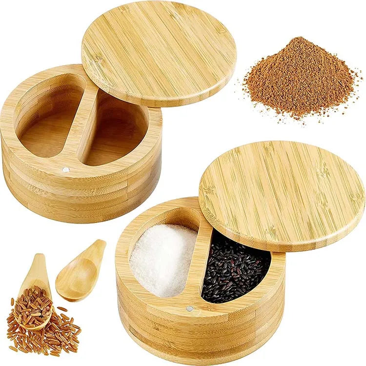 Wholesale Kitchen Tool 2 Two Compartments Round Bamboo Pepper Salt Spice Storage Container Box with Magnetic Lid