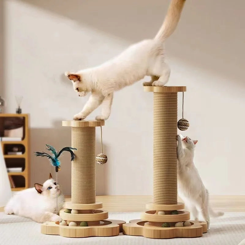 Indoor Classic Eco-Friendly Interactive Feather Sisal Cat Scratch Post Tree with Durable Solid Wood Base