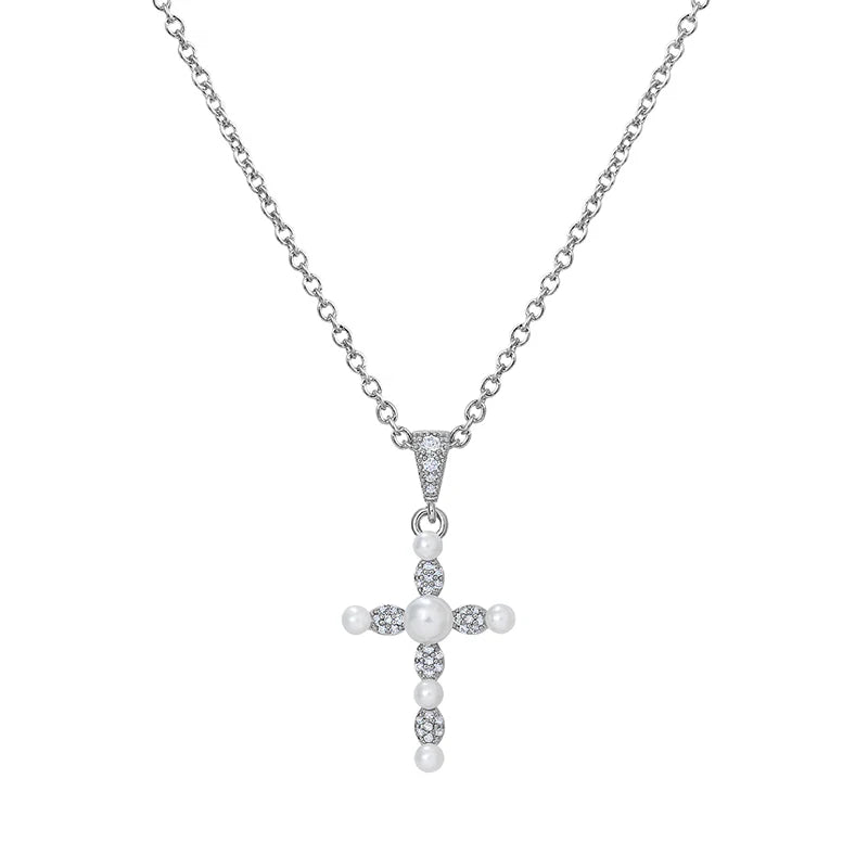 Weiman Exquisite Cubic Zirconia and Shell Pearl Cross Pendant Necklace for Women Sparkly Jewellery