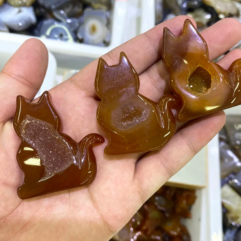 Wholesale Natural Agate Geode Cat Carving Hand Carved Crystal Cat Carving for Decoration