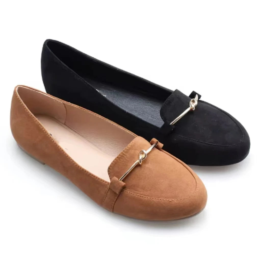 Stock Women Fashion Causal Outdoor Microfiber Upper with Gold Buckle Soft Insole slip on Loafer Flat Shoes