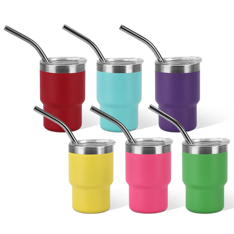 Custom logo Stainless Steel Party Mini Thermal Cup Insulated Dishwasher Powder Coated 3oz Mini Tumbler Shot Glss with Straw