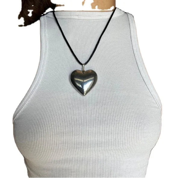 Mini or XL Silver Puffed Heart String Necklace Black Cord Long Wrap Tie Choker Stainless Steel 3D Puffy Pendant Handmade Unisex