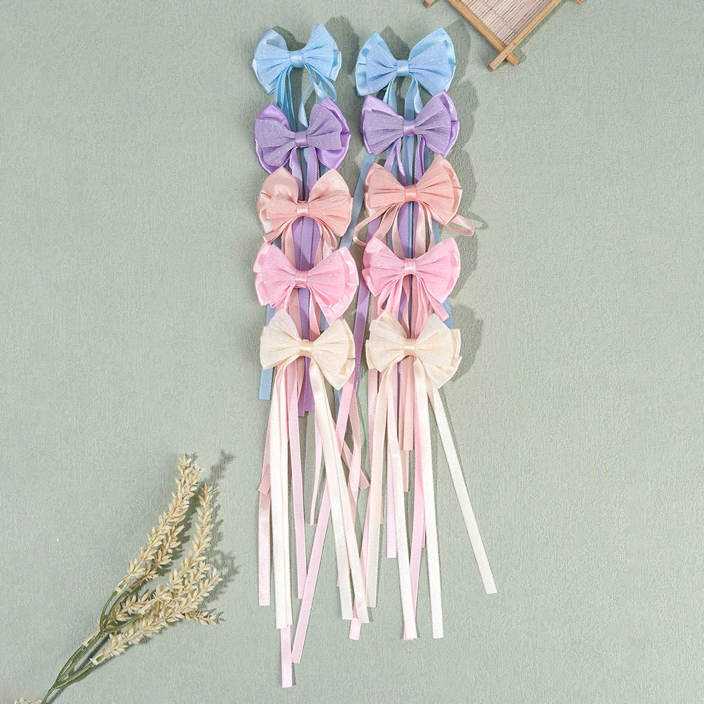 CN 10Pcs Pastel Organza Barrette Hair Bow Clip Long Tails Pins Fabric Boutique Satin Hair Clip for Girls Kids