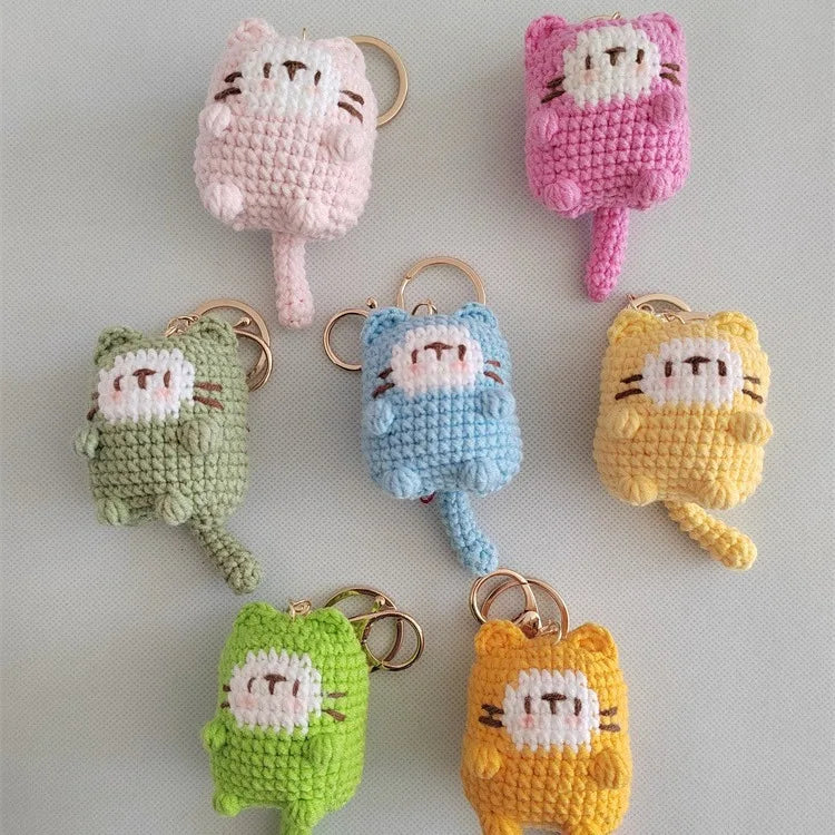 Handmade Crochet Amigurumi Cat Toy Dolls Soft Light Keychain Yarn Animals Charms Stainless Steel Cartoon Style Woven Technique