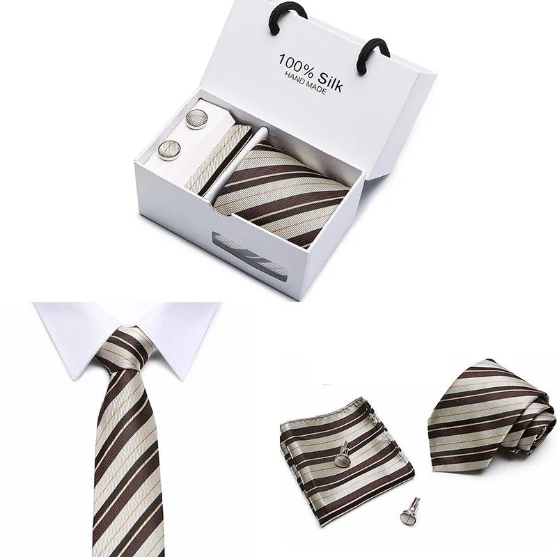 Solid Paisley Patterned Polyester Silk Tie Set for Men Business Style Necktie with Jacquard Striped Cufflinks and Pocket Square