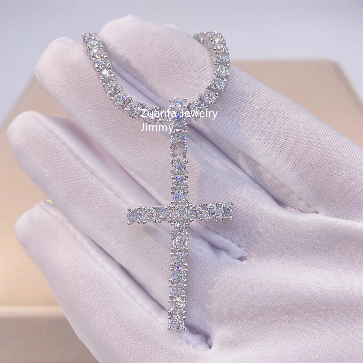 2.1Ct Moissanite  Hip Hop Jewelry Iced Out VVS Moissanite Cross Pendant Tennis Chain Necklace Set