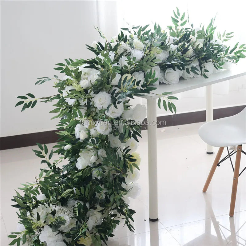 SZ 2024 New Artificial Flower Runners Silk Green White Rose Floral Decor Runner Flower Row Greenery Floral Row for Wedding Decor