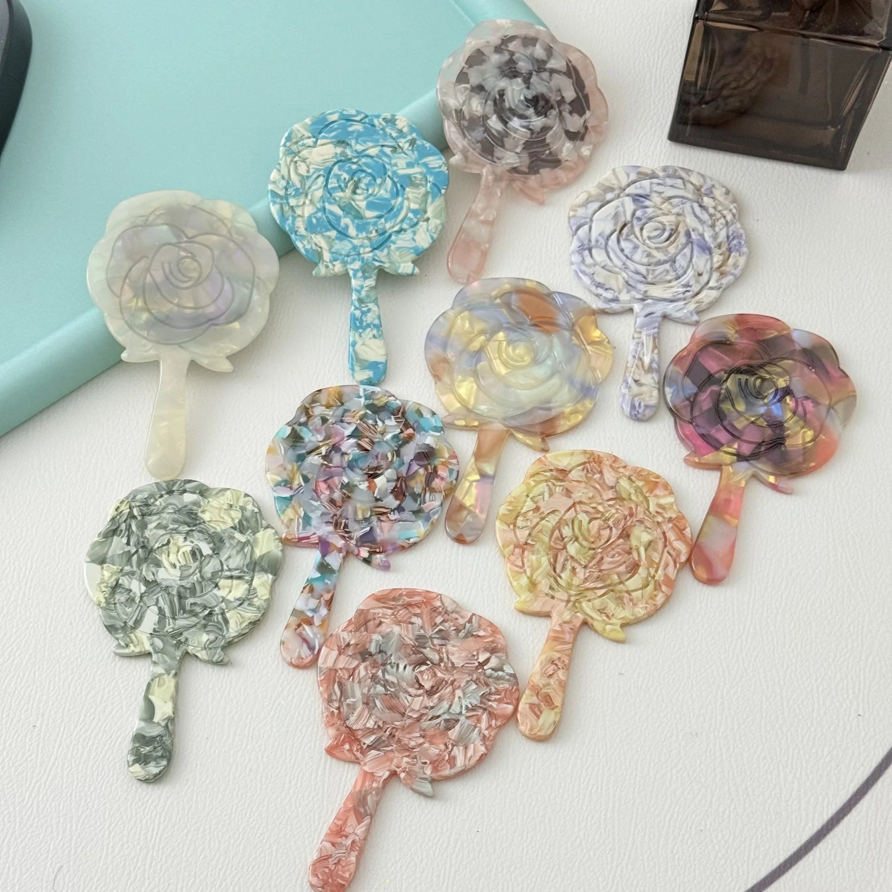 Exquisite Women's Mini Acetic Acid Rose Shape Cosmetic Mirror Handheld Makeup Mirror