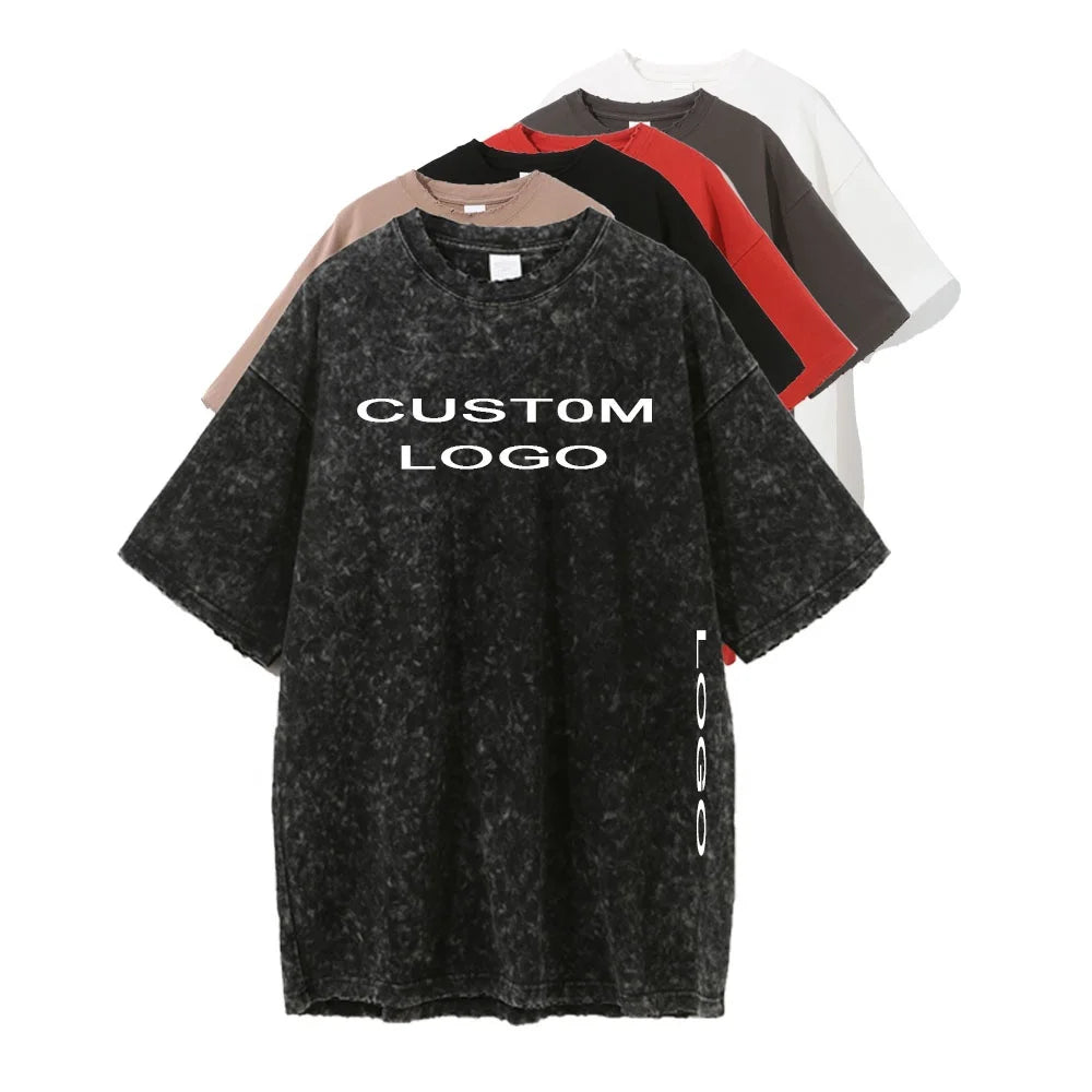 Custom Logo 100% Cotton Casual Heavyweight T-Shirt Streetwear Drop Shoulder Vintage Acid Fry Snowflakes Snow Wash Regular Fit