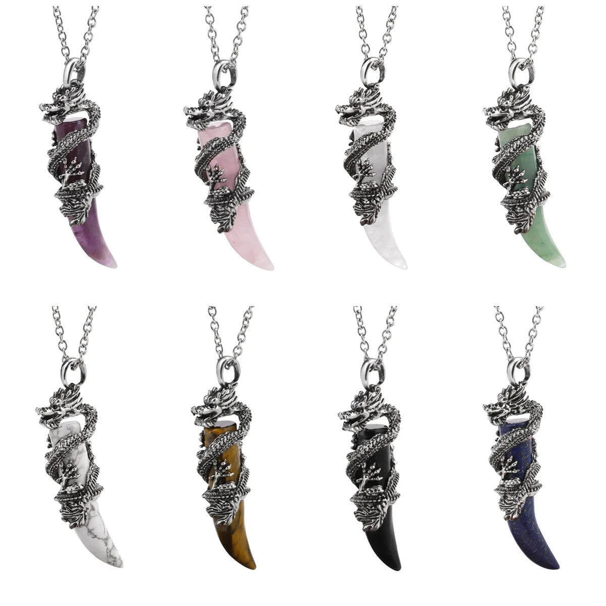 New Chinese Stainless Steel Dragon Wrapped Natural Rose Quartz Amethyst Custom Logo Couple Pendant Necklace