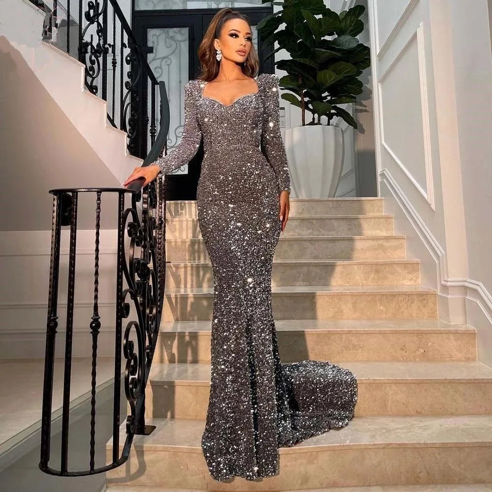Silver Gray Mermaid Sequined Vestidos De Noche Women Lady Elegant Full Long Sleeves Evening Dresses Women Long Formal Party