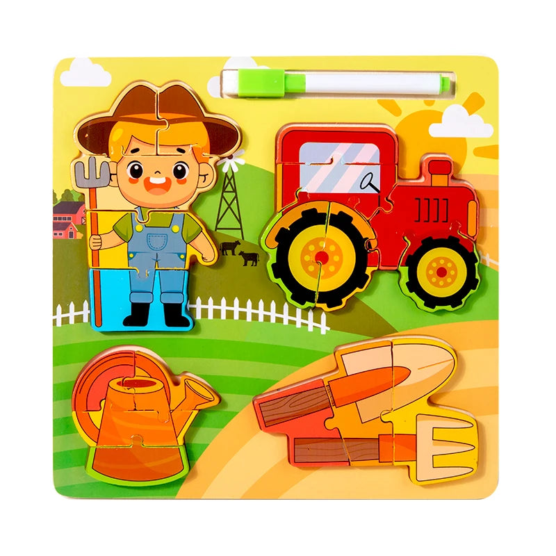 CE CPC Safety 3D Children'S Wooden Puzzle Board Toy Educational Cartoon Writing Board Game With Matching Blocks Made
