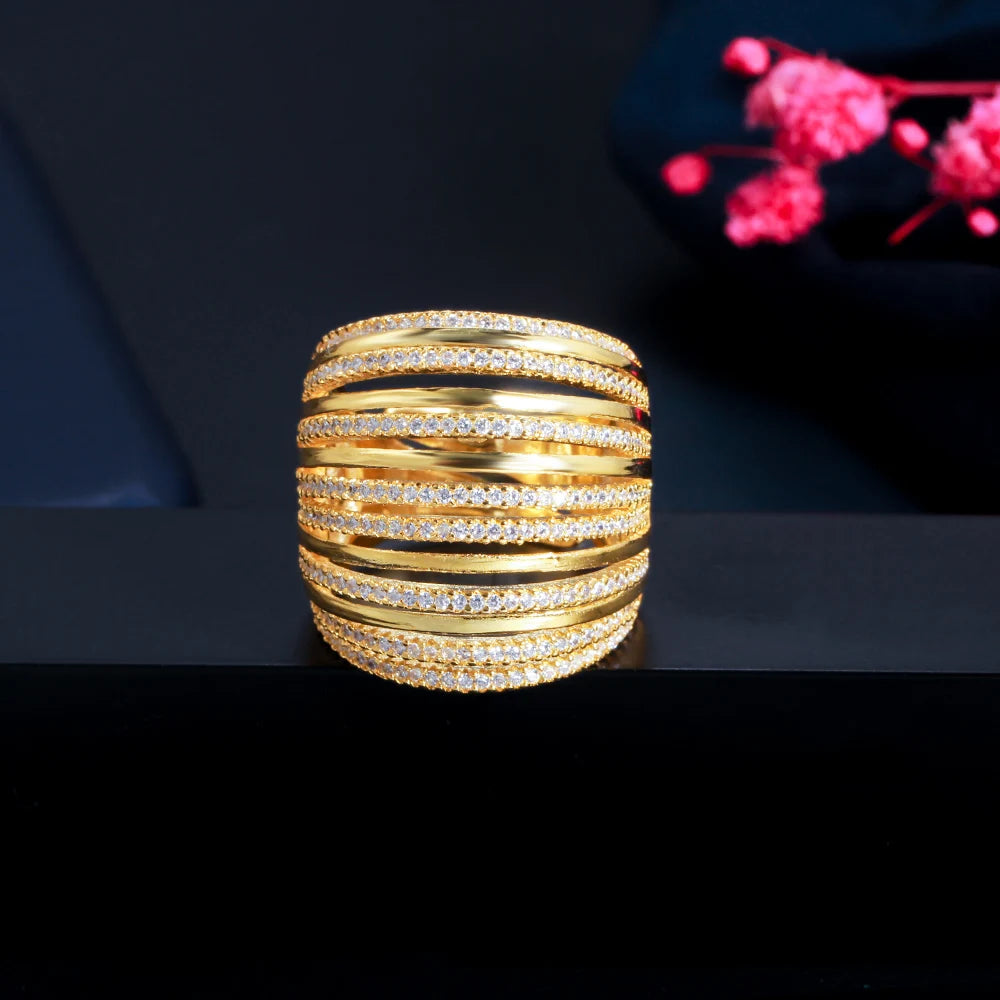 Dubai Gold Plated White Cubic Zirconia Stone Big Statement Loose Wide Adjustable Promise Ring for Female Wedding Costume Jewelry