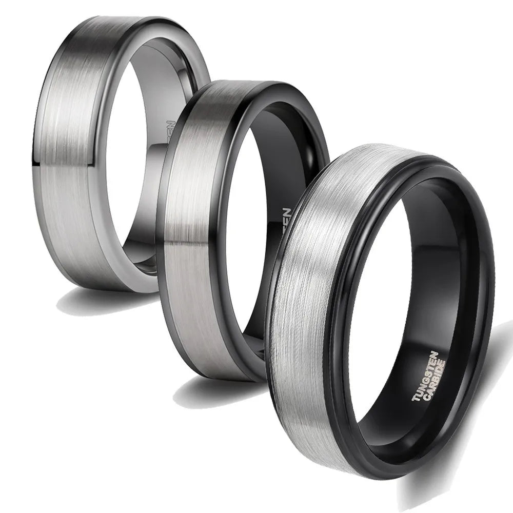 Poya Jewelry 6mm Brushed Black Silver Plated Step Edges Men's Wedding Band Tungsten Carbide Rings