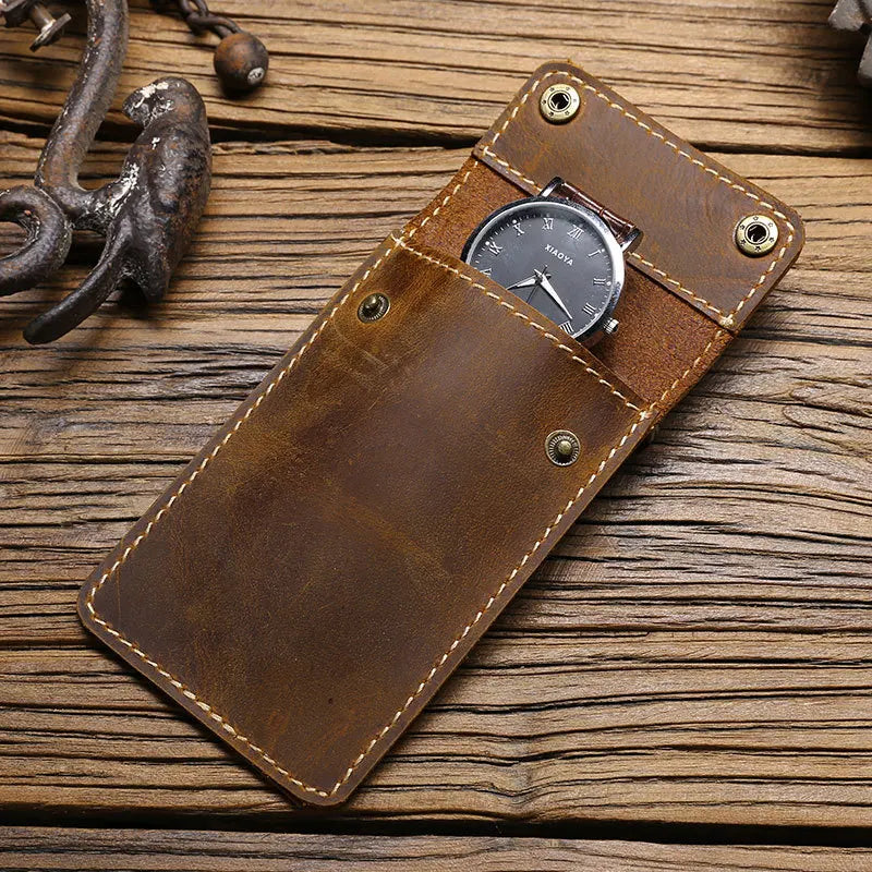 Custom Logo Brown Handmade Genuine Leather Watch Pouch Vintage Snap Button Design Single Leather Watch Storage Bag